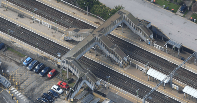An aerial view of Leighton Buzzard station's southern footbridge - option 1 would be to make the public right of way here permanent: An aerial view of Leighton Buzzard station's southern footbridge - option 1 would be to make the public right of way here permanent
