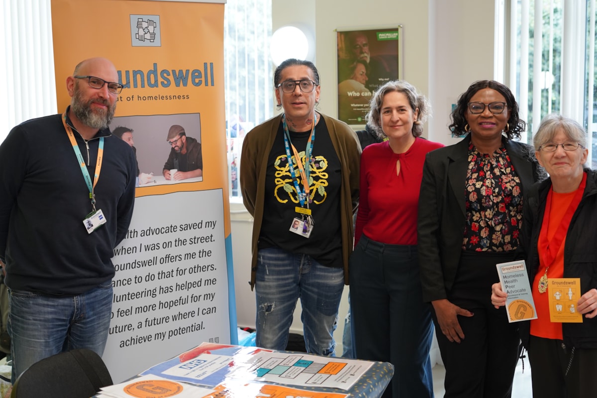 Mayor of Hackney Caroline Woodley with Cllr Sade Etti, Cabinet Member for Homelessness Prevention, Rough Sleeping and Temporary Accommodation;  Speaker of Hackney Cllr Sheila Suso-Runge; and members of the organisation Groundswell