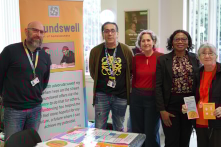 Mayor of Hackney Caroline Woodley with Cllr Sade Etti, Cabinet Member for Homelessness Prevention, Rough Sleeping and Temporary Accommodation;  Speaker of Hackney Cllr Sheila Suso-Runge; and members of the organisation Groundswell