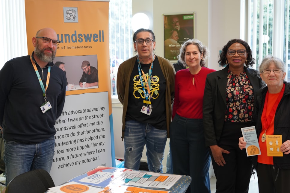 Mayor of Hackney Caroline Woodley with Cllr Sade Etti, Cabinet Member for Homelessness Prevention, Rough Sleeping and Temporary Accommodation; Speaker of Hackney Cllr Sheila Suso-Runge; and members of the organisation Groundswell