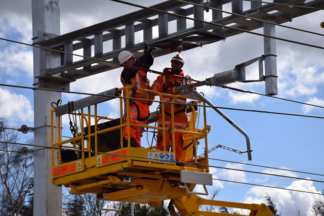 Network Rail’s orange army battle with the weather to upgrade the railway in Anglia over Easter: Shenfield OLE work 280316 2 Easter