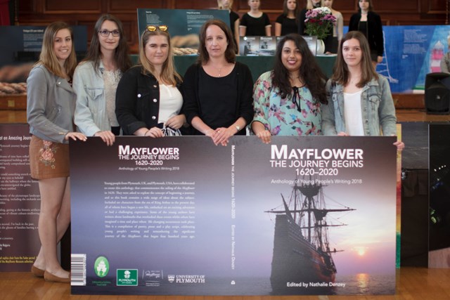BA English with Publishing students with MA Publishing student Nathalie Denzey and the anthology's cover