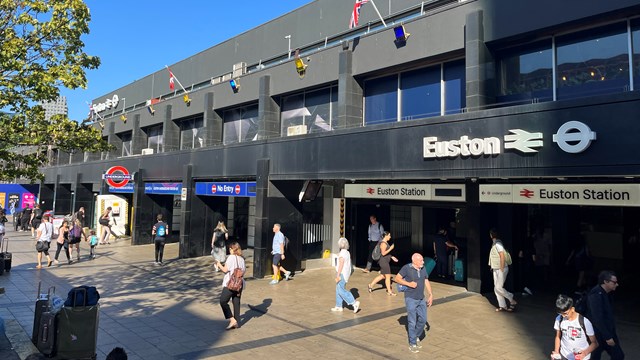 Train drivers' strike to close London Euston station this Saturday: Euston station entrance right of piazza August 2022