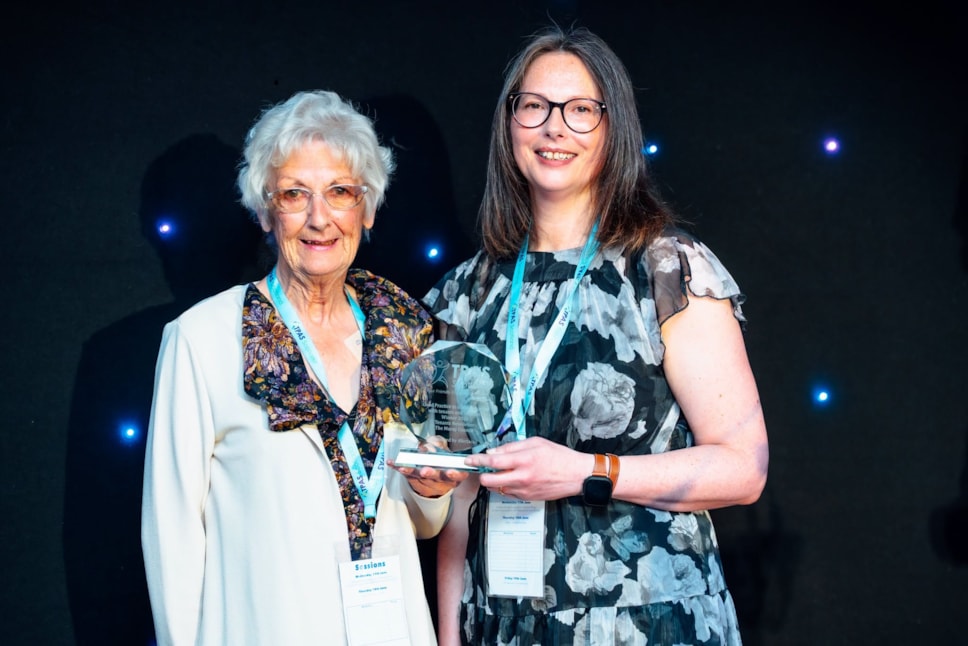 Tenant member of Moray Council's Tenant Editorial Panel, Liz McKnockiter (left) and Tenant Participation Customer Engagement Officer, Rebecca Irons (right) with the 'Good Practice in Communicating with Tenants and Residents' Award from the Tenant Participation Advisory Service Scotland Awards 2026.