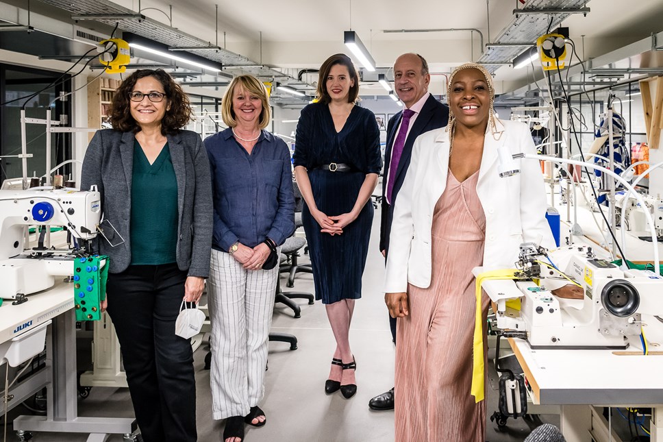 Pictured in the new FC Designer Workspace are, from left, Cllr Asima Shaikh, Executive Member for Inclusive Economy & Jobs, Jenny Holloway, Chief Executive of Fashion-Enter, Jennifer Sutton, Development Director at Fashion-Enter, Jules Pipe, London's Deputy Mayor for Planning, Regeneration and Skills, and local designer-maker Tricia Blake of Diva Choice.