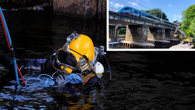 Divers pour underwater concrete to protect West Coast main line: River Eden railway viaduct diver repairs composite 1