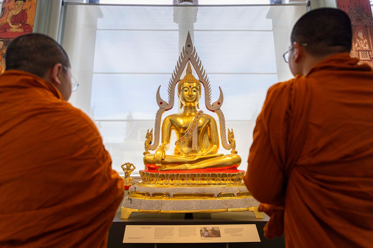 Monks from Edinburgh's Dhammapadipa Temple welcome a buddha to the National Museum of Scotland. The statue is on loan from the temple as part of a new display 'Theravāda Buddhism' opening Saturday 16 September. Credit: Duncan McGlynn
