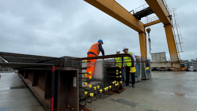 Teams inspecting new Greek Street bridge components at manufacturing facility in Ireland: Teams inspecting new Greek Street bridge components at manufacturing facility in Ireland