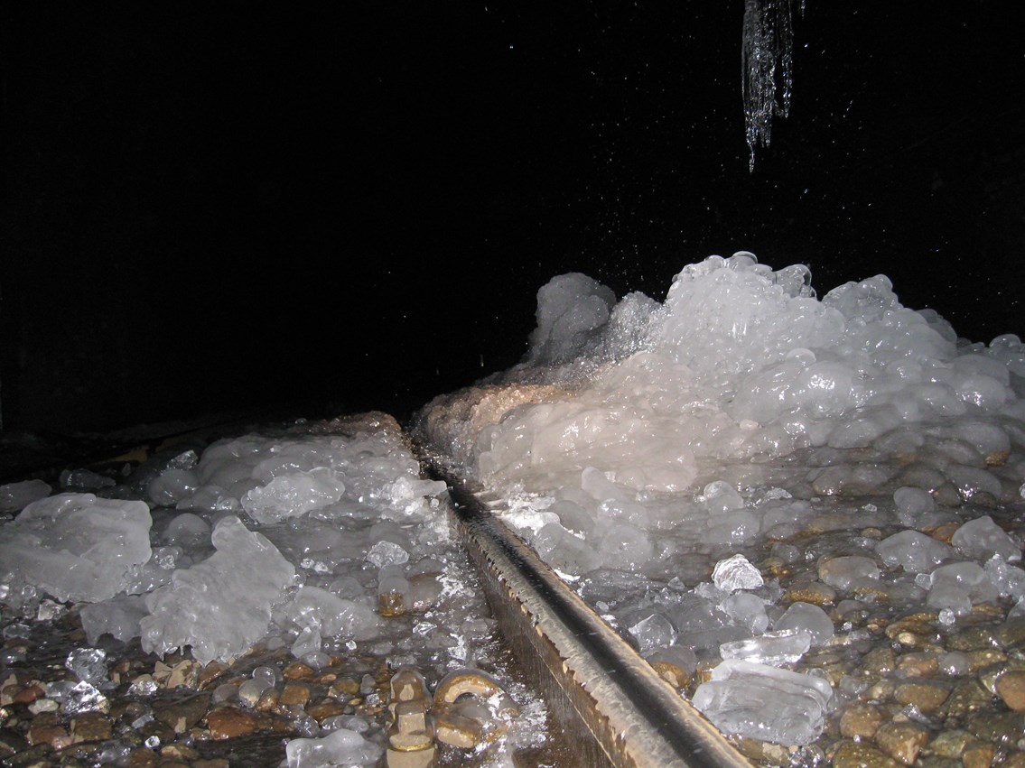 Icicles form in S&C tunnels_2: Icicles build up inside Blea Moor and Rise Hill tunnels, and rise up from the ground like stalactites and stalagmites.