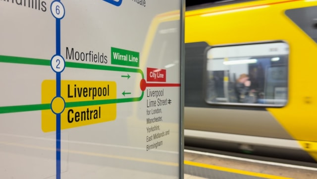 Major 26-day tunnel upgrades get underway in Liverpool this weekend: A Northern Line train arriving behind a platform route map
