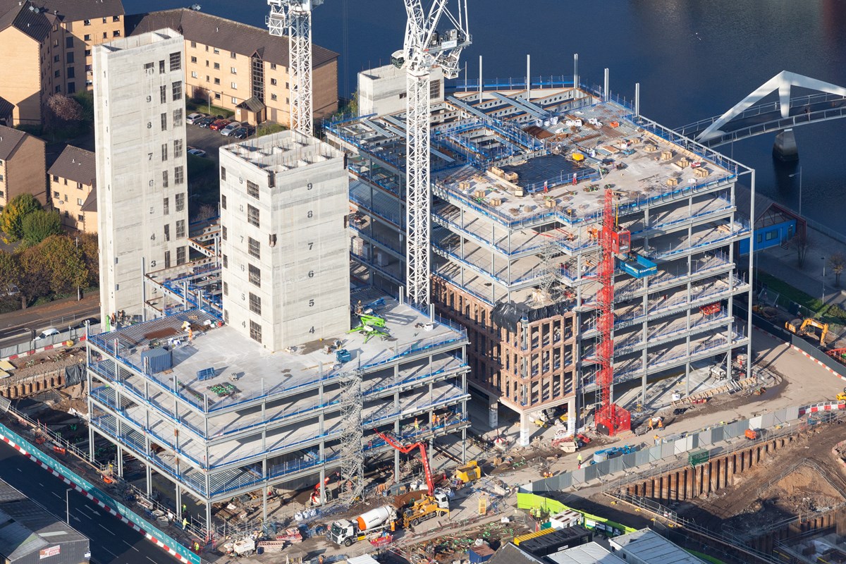 Aerial view of Barclays at Buchanan Wharf in Tradeston under construction. Buchanan Wharf will be home to Barclays new Glasgow headquarters.
