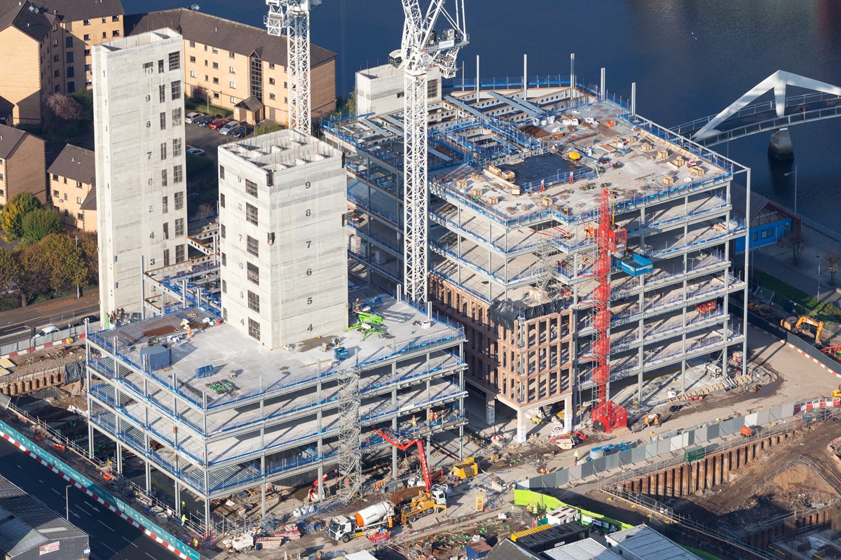 Aerial view of Barclays at Buchanan Wharf in Tradeston under construction.  Buchanan Wharf will be home to Barclays new Glasgow headquarters.