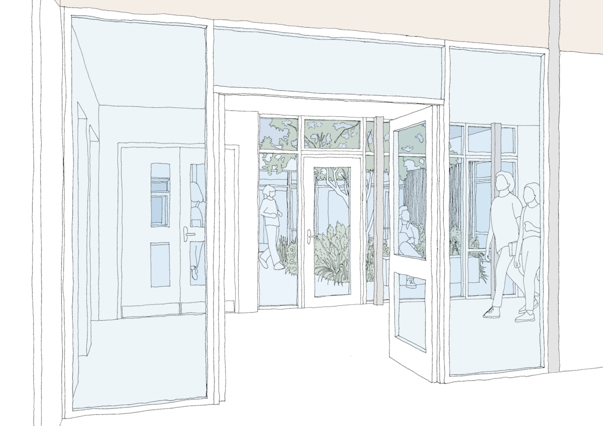 The original internal courtyard recreated with new planting and access from foyer and library - illustration created by Gollifer Langston Architects as part of the feasibility study for the Baden Powell site