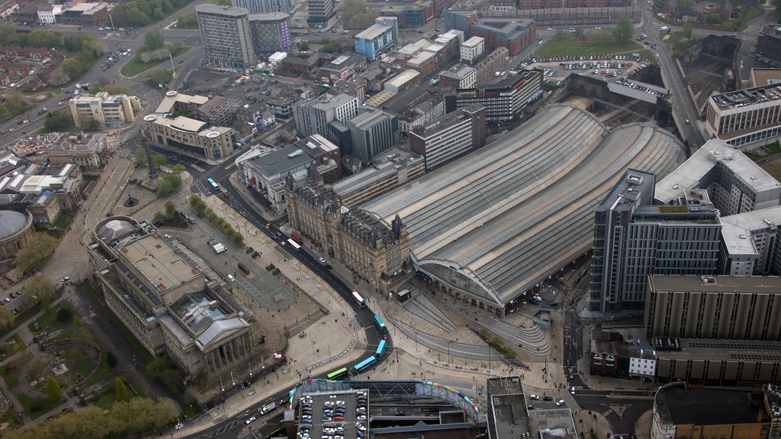 Helicopter shot of St Georges' Hall and Liverpool Lime Street station - Credit Network Rail Air Operations