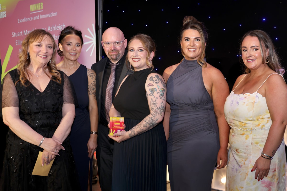 Learning from Excellence winners Claire Gibson, Stuart Mawhinney, Asleigh Ellison, Nicola Harrison and Isobel McMillan with NEAS Director of Quality and Safety Julia Young
