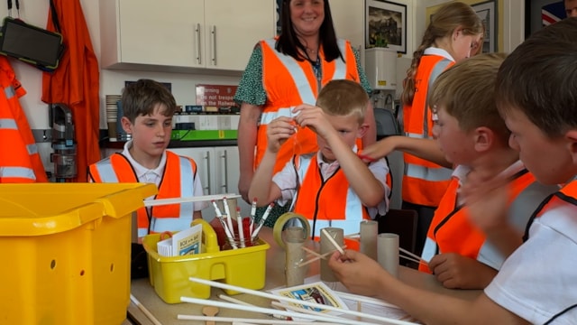 Children from Heysham St Peter's Primary taking part in STEM lesson in Hest Bank signal box