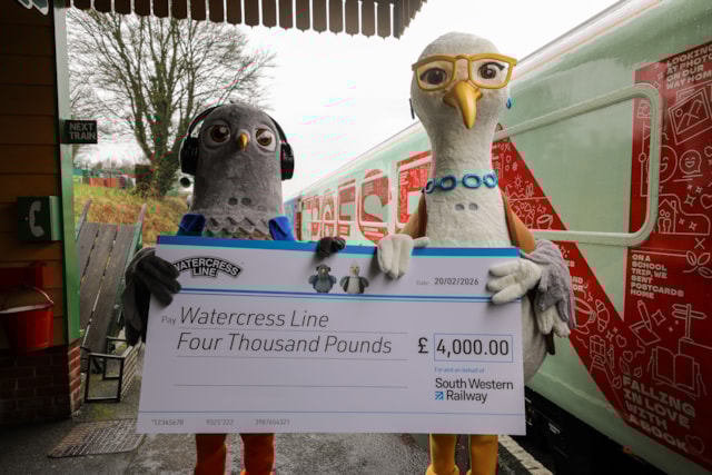 Wes and Sandy with a cheque for The Watercress Line: Wes and Sandy with a cheque for The Watercress Line