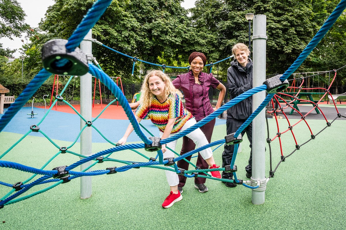 Cllr Rowena Champion, Cllr Una O'Halloran, Cllr Michelline Safi Ngongo at the new playground on the Finsbury Estate-3