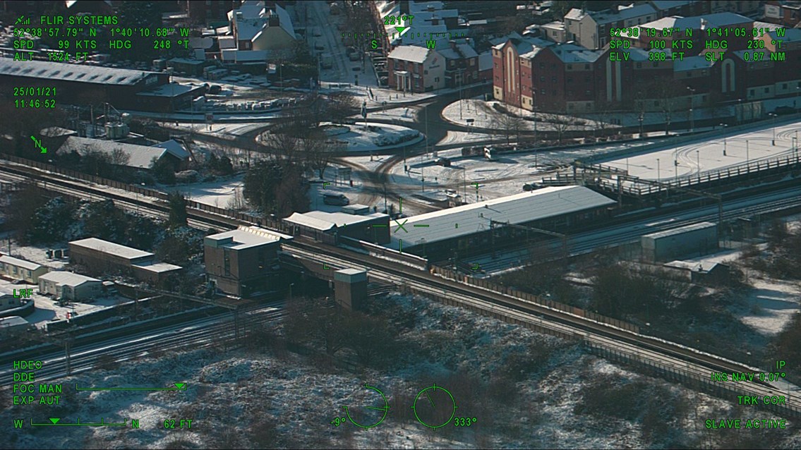 Aerial view of Tamworth station in the snow - Credit: Network Rail Air Operations team