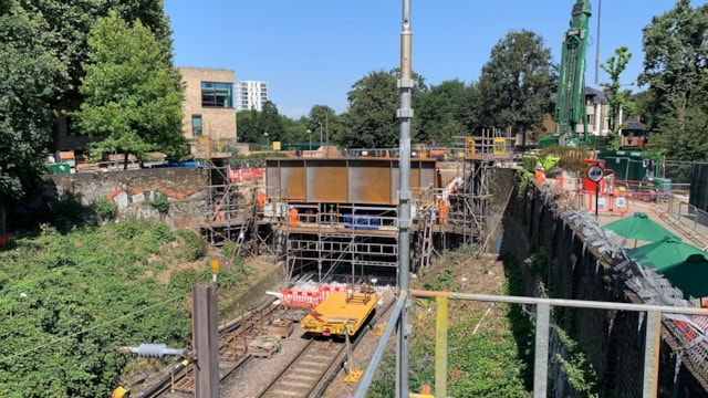 Bridge replacement in Hackney: 16 days of intensive works completed on time: Work being carried out on the bridge towards the end of the 16 days, with the new steel parapet in place