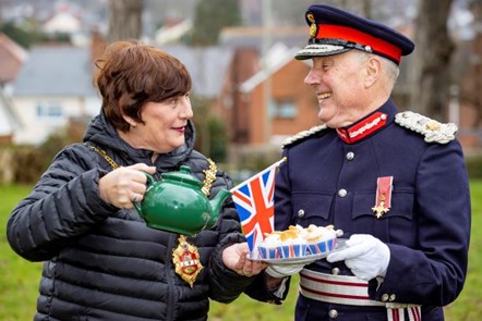 Mayor of Dudley Cllr Anne Millward and the Lord Lieutenant John Crabtree OBE encourage people to take part in a Jubilee tea party small
