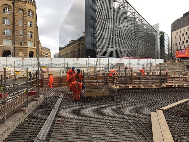 Constructing the final section of the new concourse at London Bridge: Final preparations and reinforcements are made ahead of one of the last concrete pours out of a total of 65,000 cubic metres of concrete that form the new concourse at London Bridge.