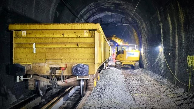 Wagon inside Beechwood Tunnel during October 2022 track replacement