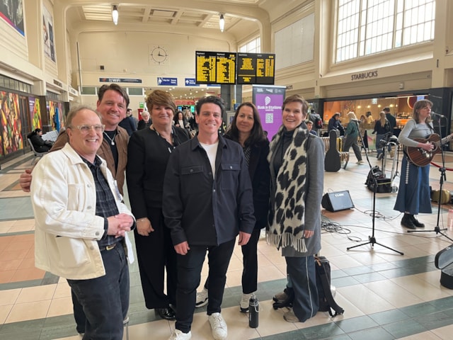 The Dunwells, Network Rail, Found in Music, and Leeds Beckett University at the launch of Busk in Stations at Leeds