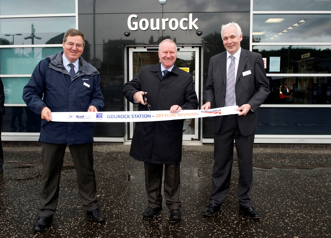 Gourock Station official opening: Alex Neil MSP (centre), cabinet secretary for infrastructure and capital investment, opens the new station alongside David Simpson, Network Rail route managing director for Scotland, and Steve Montgomery, managing director of ScotRail (on right).