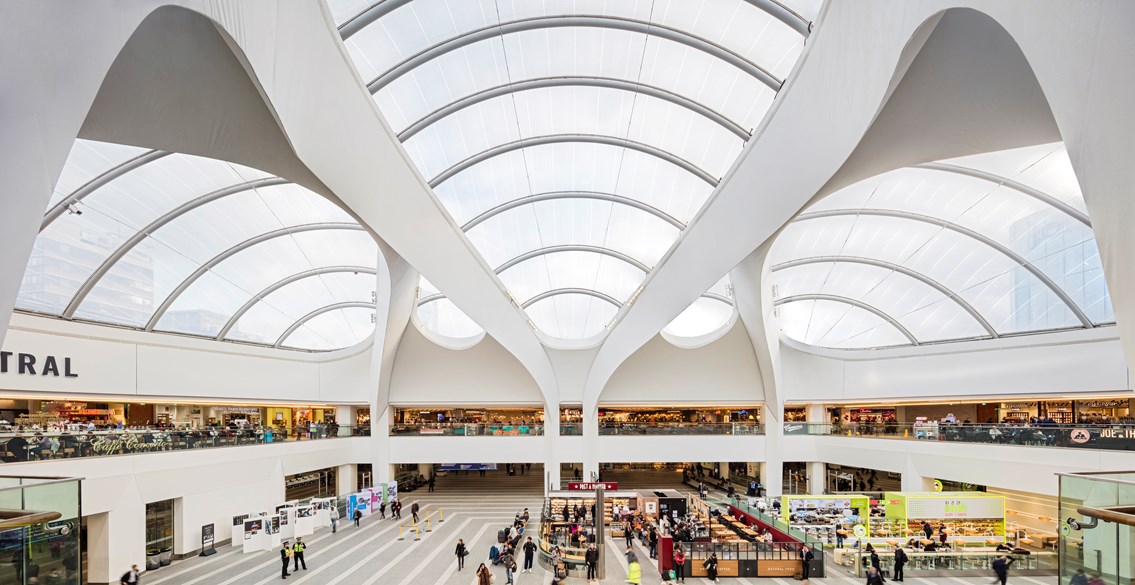 Birmingham New Street and Grand Central - shot of roof for scale: Birmingham New Street 
railway station
train station
Grand Central
Shopping centre
Retail
Shops
Shopping 
Busy