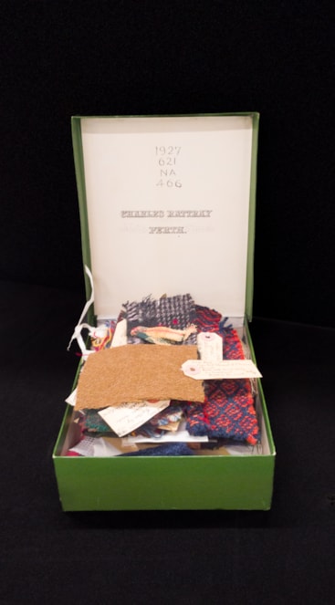 Late 19th century box of fabric samples from across the West Highlands and Hebrides