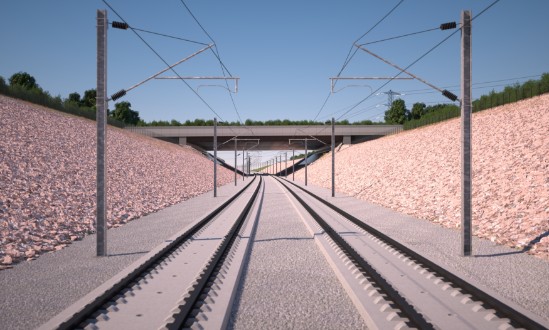 CGI showing the Turweston green bridge from track level: CGI showing the Turweston green bridge from track level