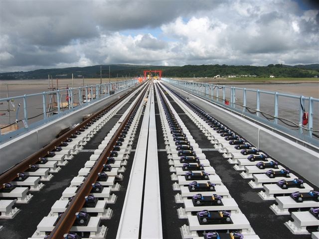 Arnside Viaduct - new rails, please: One side renewed, the other renewed and with baseplates in position awaiting new rails.