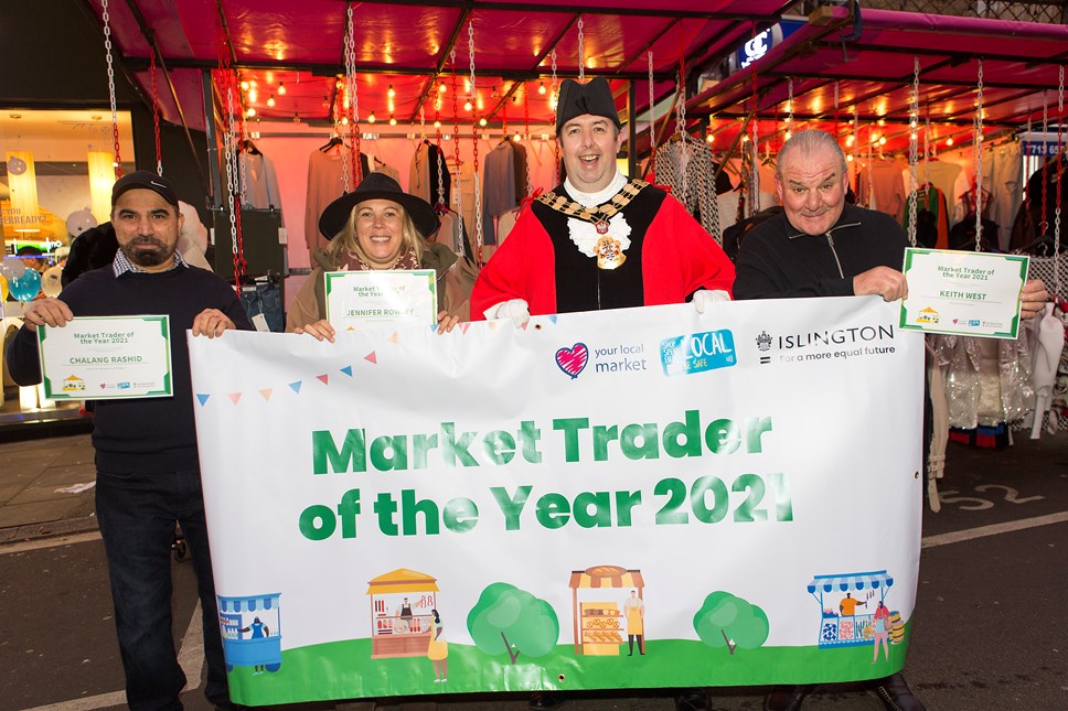 Market Trader of the Year - Chalang Rashid, Jennifer Rowley, Mayor of Islington, Keith West