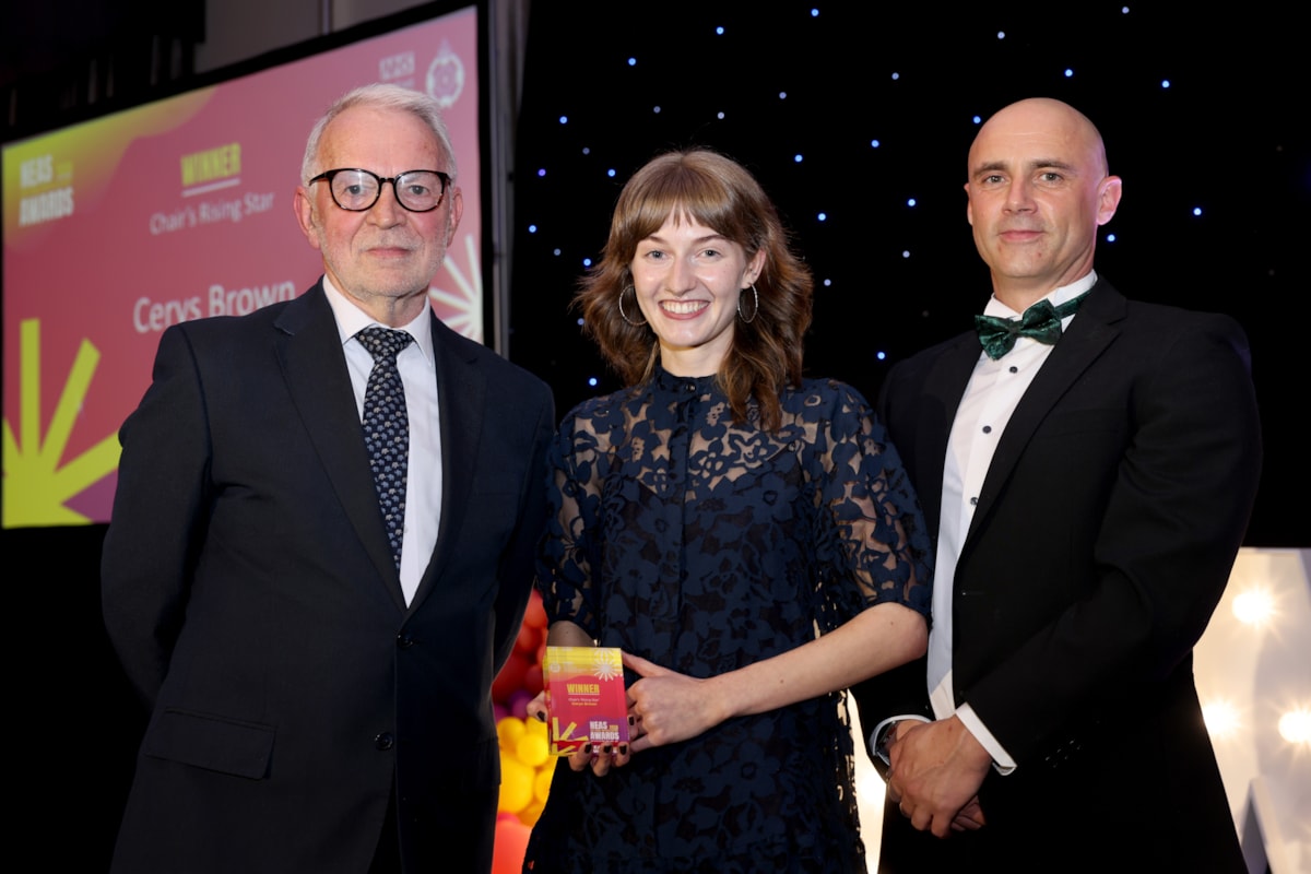 Chair's Rising Star award winner Cerys Brown with NEAS Chairman Stuart Corbridge (left) and Chief Executive Kev Scollay (right)