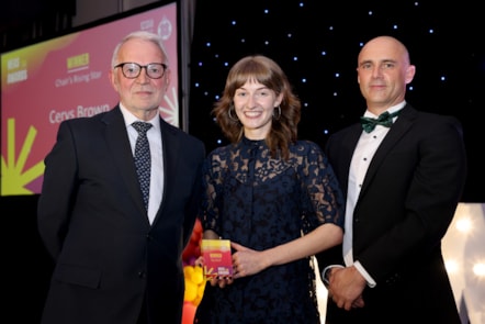 Chair's Rising Star award winner Cerys Brown with NEAS Chairman Stuart Corbridge (left) and Chief Executive Kev Scollay (right)