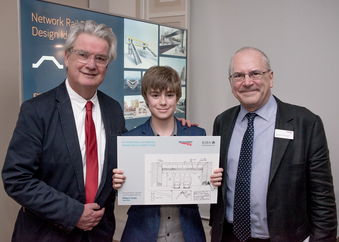 Tamworth schoolboy praised at international design competition for footbridge of the future: RIBA President Ben Derbyshire, William Tonks and  Network Rail chairman Sir Peter Hendy
