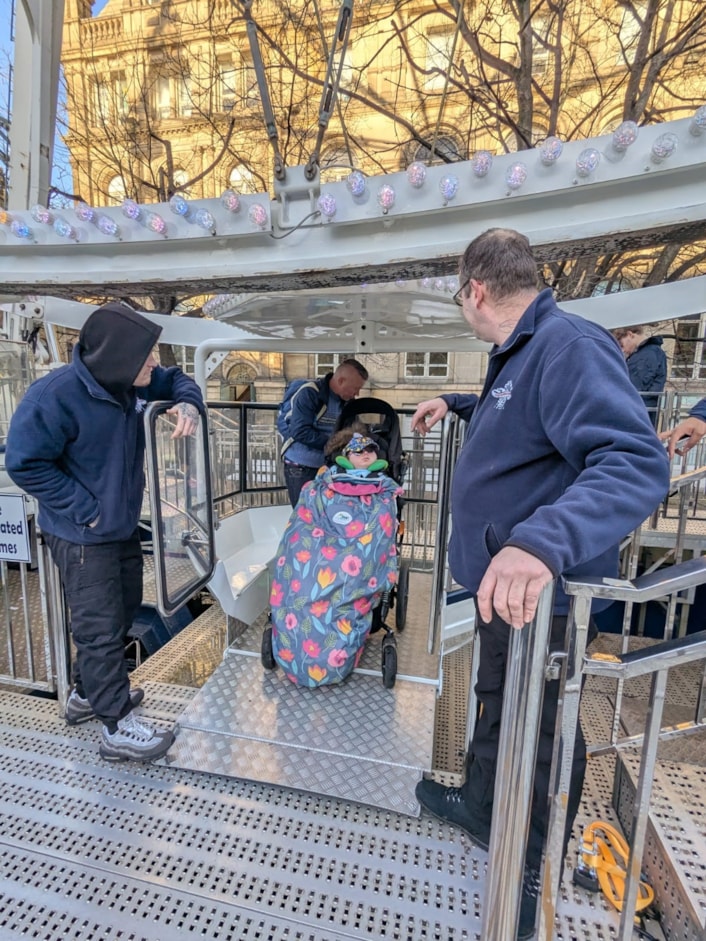 Wheel of Light: Steven Lightfoot and his daughter Zoe, 10, visit the Wheel of Light to try the new accessible gondola.
The new gondola—delivered through a collaboration between International Funfairs, Leeds City Council, and wheel owner John Noyce—can accommodate one wheelchair user and two accompanying guests.