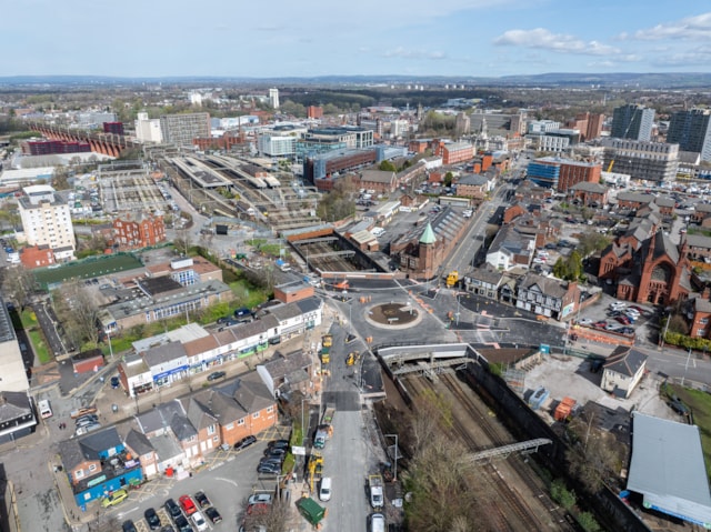 Aerial view showing completed Greek Street roundabout over the West Coast Main Line in Stockport: Aerial view showing completed Greek Street roundabout over the West Coast Main Line in Stockport