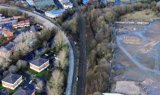 Aerial view of where Camp Hill line curve at Garrison Street in Birmingham: Aerial view of where Camp Hill line curve at Garrison Street in Birmingham