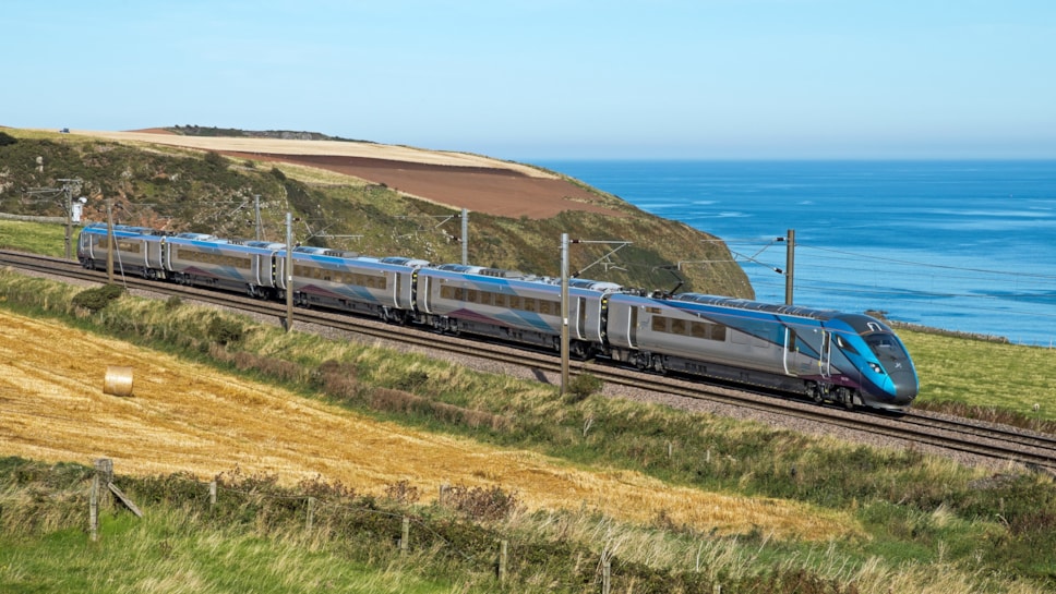 One of TPE's Nova 1 trains travelling between Newcastle and Edinburgh