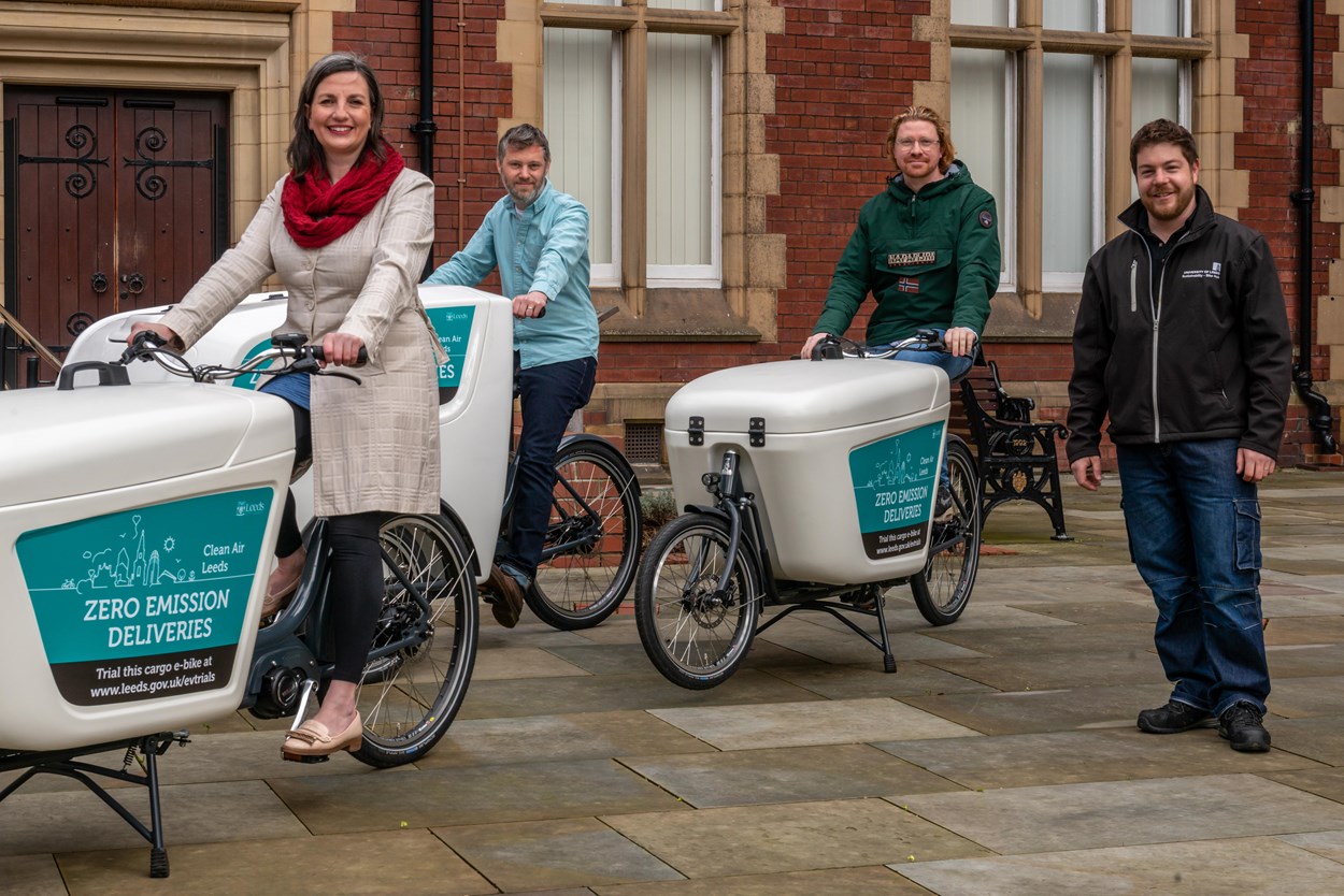 Electric cargo bike loan scheme: Councillor Hayden, Councillor Carlill, Councillor Pryor, and Romain Cames.
(left to right)
Photo by Lizzie Coombes.