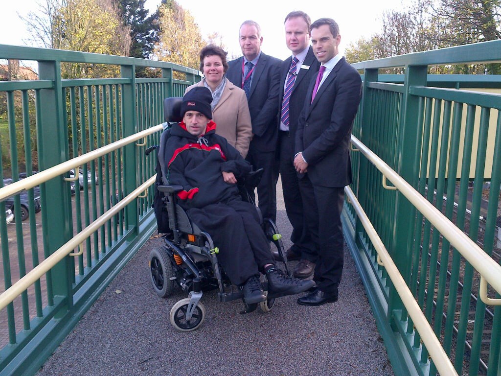 Better access for passengers at Chirk station thanks to new footbridge: Gareth Stafford at Chirk station with Wrexham County Borough Councillor David Bithell, Gareth Woodruff from Network Rail, Susan Elan-Jones, MP for Clwyd South, and Ken Skates, AM for Clwyd South