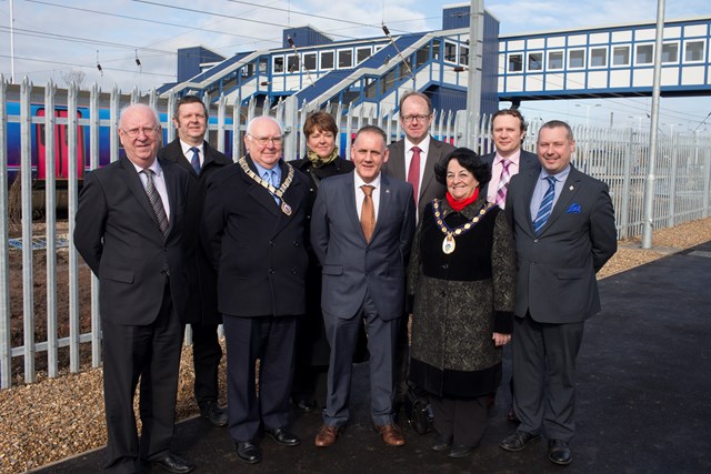 St Neots Footbridge completion event official photo: Representatives from Network Rail, Huntingdonshire District Council, Cambridgeshire County Council, First Capital Connect, St Neots Town Council and devlopers Gallaghers UK.