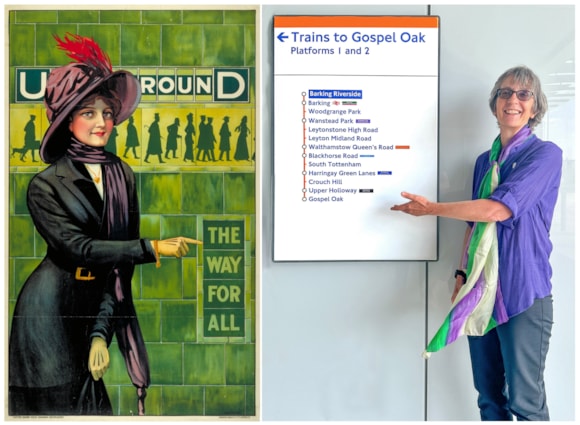 TfL Image - Helen Pankhurst next to a London Overground Suffragette line route map and an Underground poster designed by Alfred France in 1911