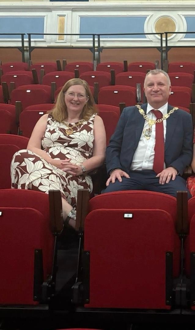 Mayoress Su Lowe, Mayor of Dudley Councillor Pete Lowe with the new seating at Stourbridge Town Hall