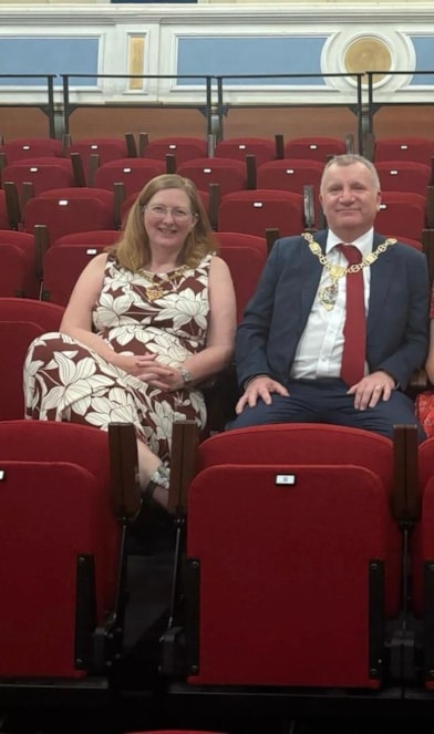 Mayoress Su Lowe, Mayor of Dudley Councillor Pete Lowe with the new seating at Stourbridge Town Hall