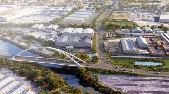 Radio clip included - £59million project will create new road bridge and riverside route to connect Paisley with the Advanced Manufacturing Innovation District Scotland (AMIDS): AMIDS South - aeriel view
