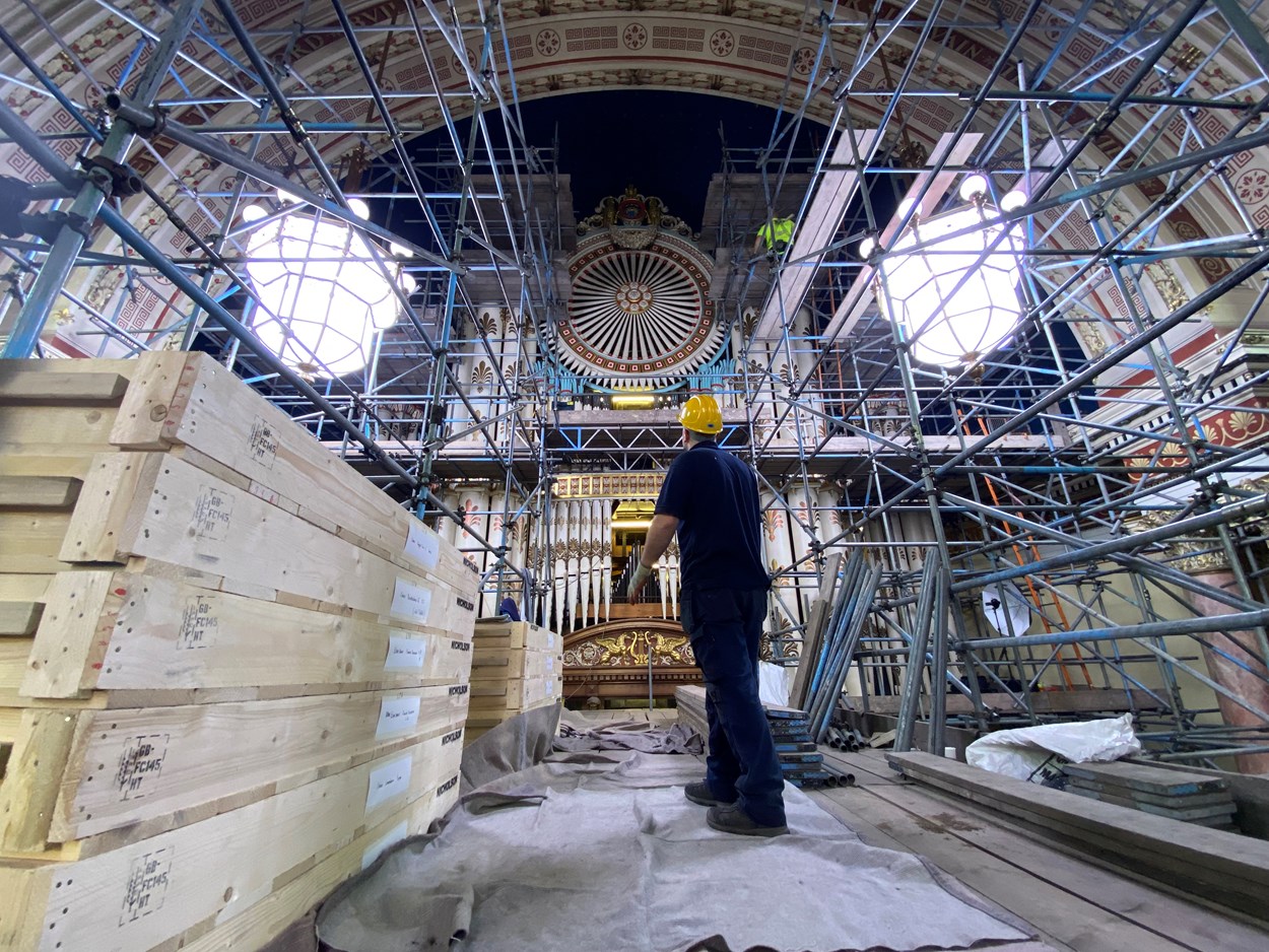 Leeds Town Hall organ project begins: Pipe organ specialists from Nicholson and Co. Ltd set up in Leeds Town Hall's magnificent Victoria Hall this week where they began erecting a complex network of scaffolding around the 50ft high organ before getting to work on the painstaking process of dismantling its impressive pipes and intricate inner workings.