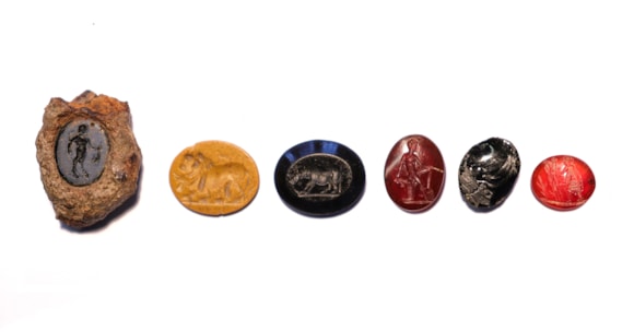 Ribchester  Roman Intaglios, gemstones found during excavations of the Roman bathhouse in Ribchester, Lancashire.